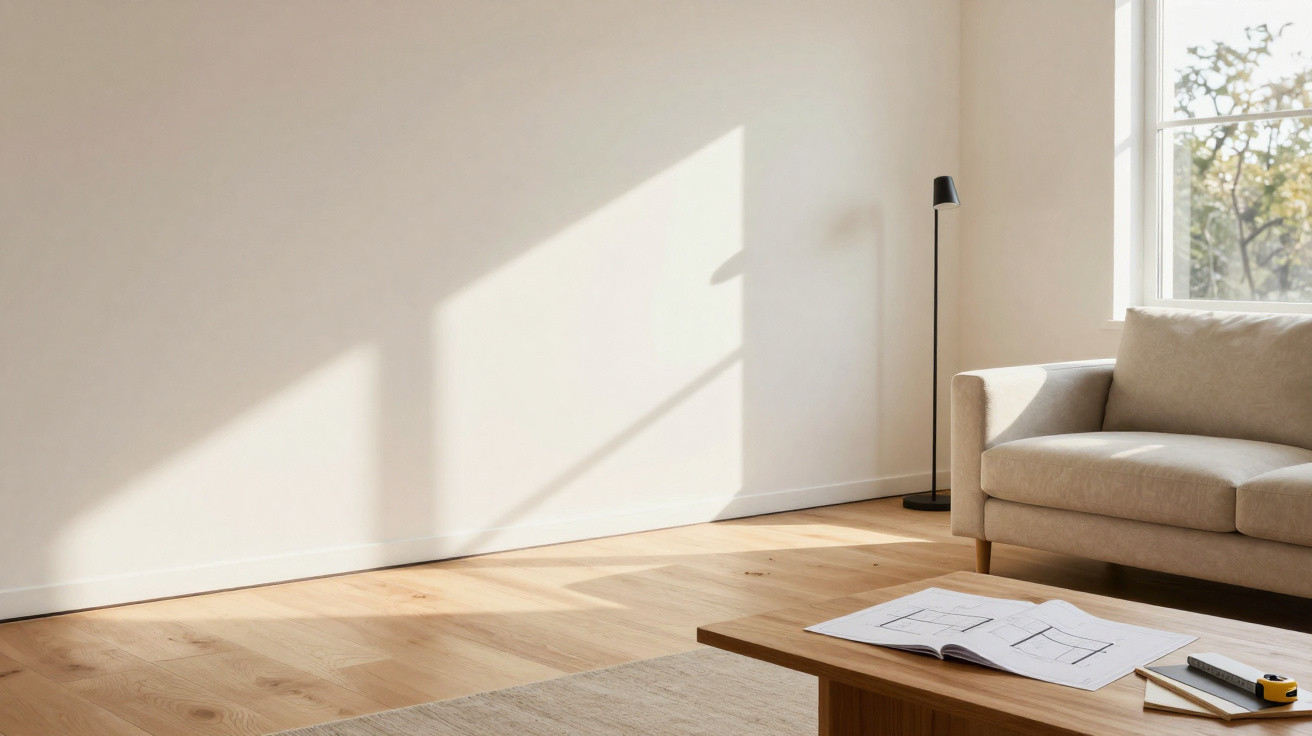 Sunlit minimalist living room with beige sofa, wooden coffee table, architectural plans, and tall floor lamp.