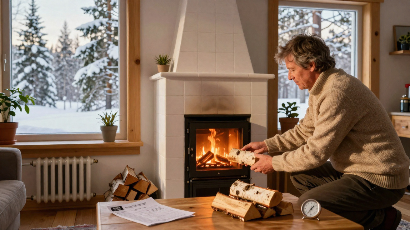 Man in cosy jumper placing logs into a wood-burning stove in a warm room with snowy trees outside.