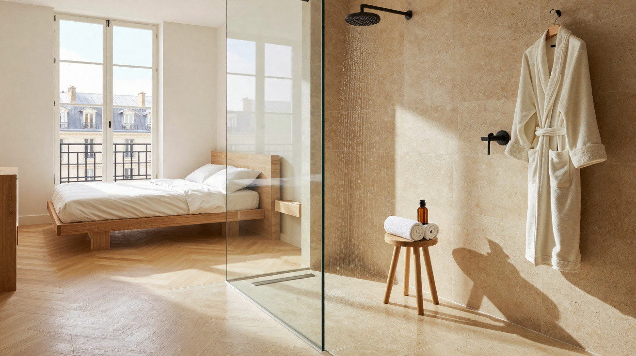 Modern bedroom with wooden bed and large windows next to a minimalistic open shower with a hanging robe and stool.