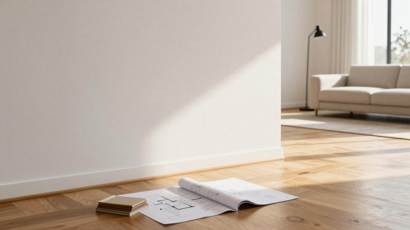 Architectural floor plans and tile samples on wooden floor in a sunlit, modern living room.