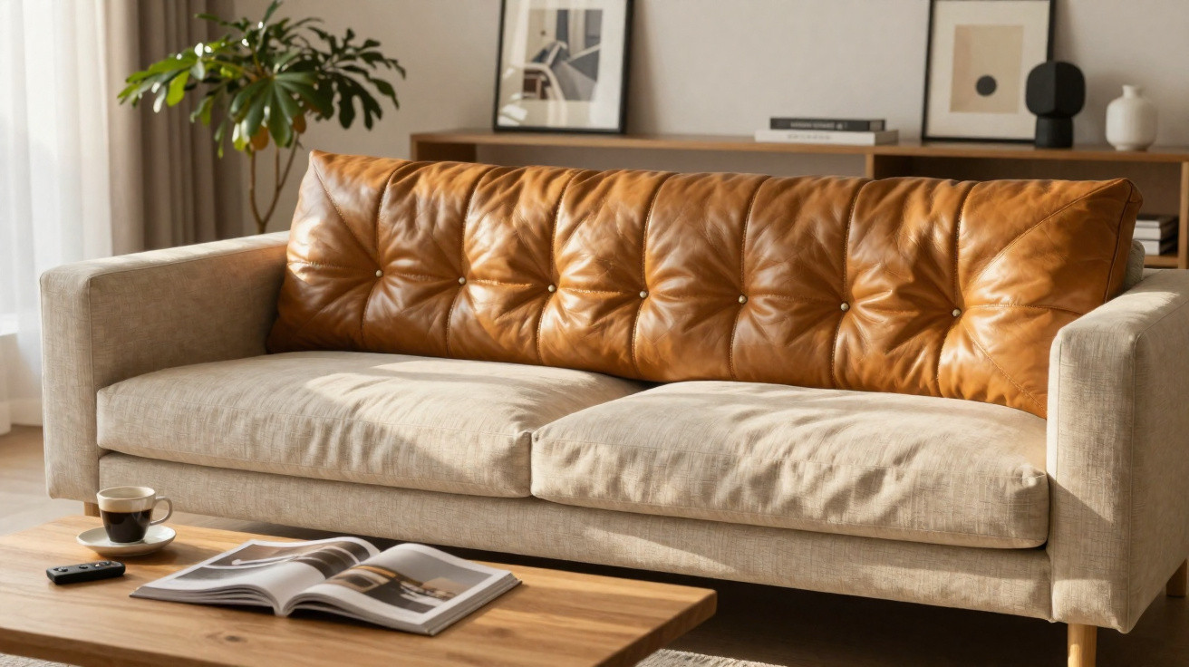 Beige fabric sofa with a brown leather backrest cushion in a modern living room setting.