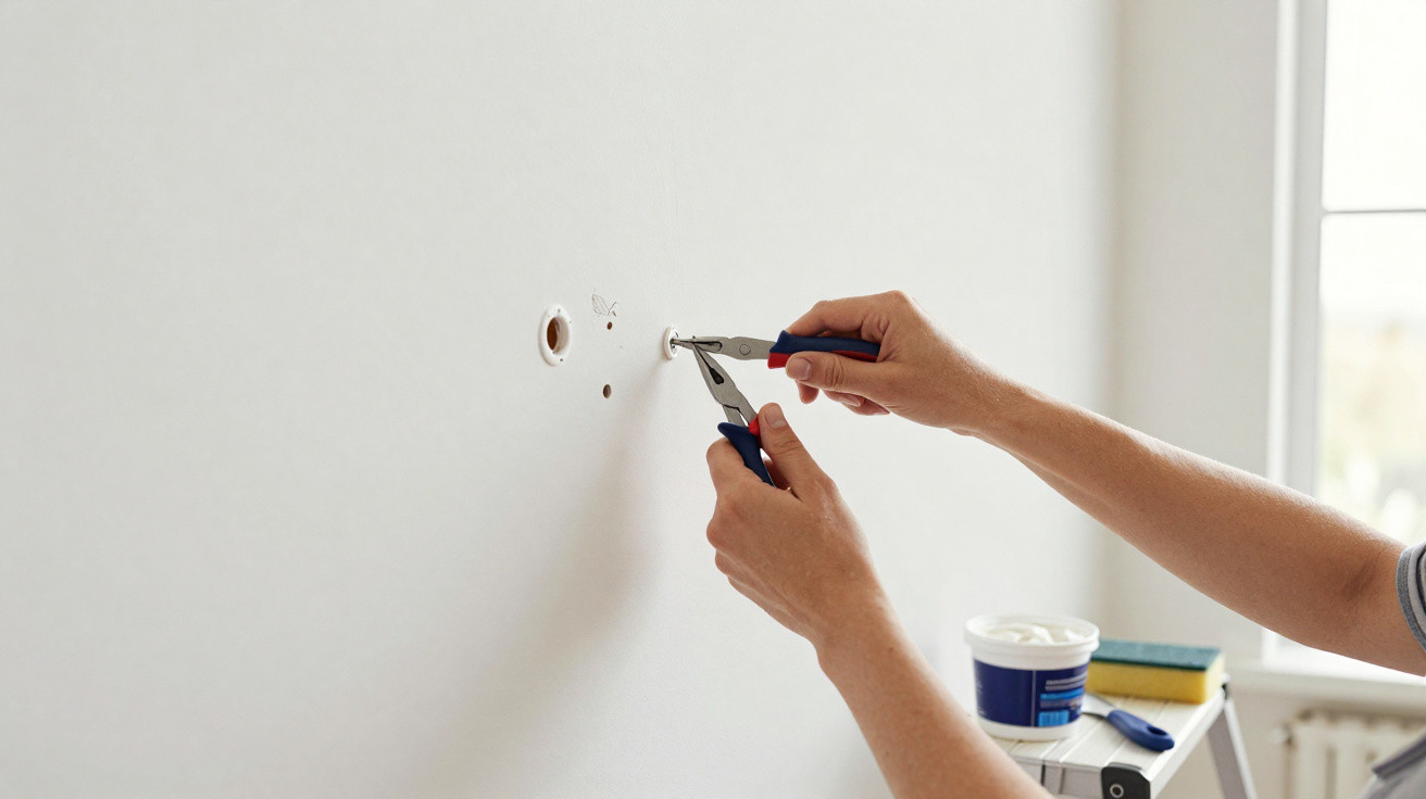 Person using pliers to install or remove a wall anchor in a white painted indoor wall.