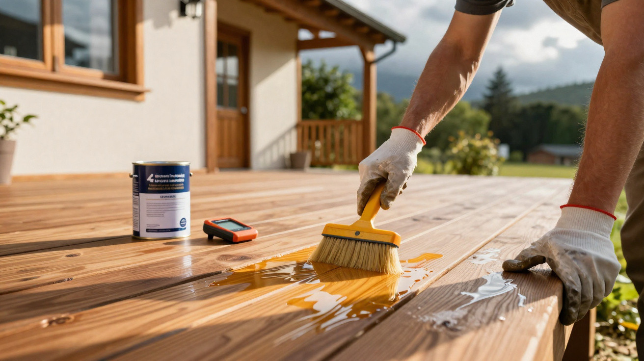 Person wearing gloves applying wood stain with brush on outdoor wooden deck in daylight.