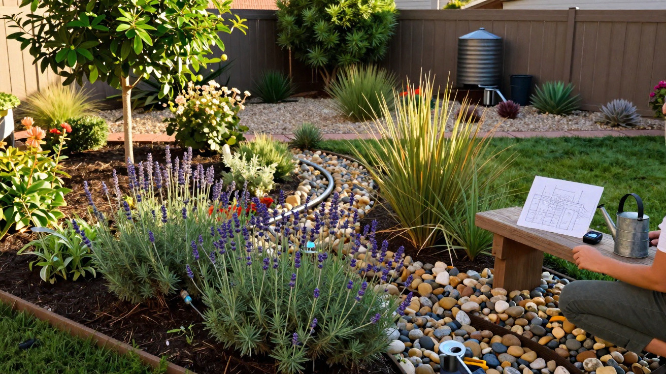 Person holding garden plan and watering can near pebble pathway and lavender plants in backyard garden.