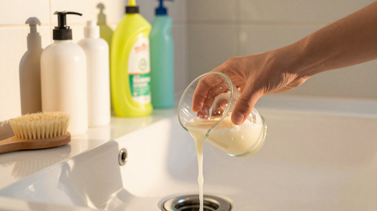 Hand pouring a creamy liquid from a glass into a white sink with toiletries and a brush nearby.