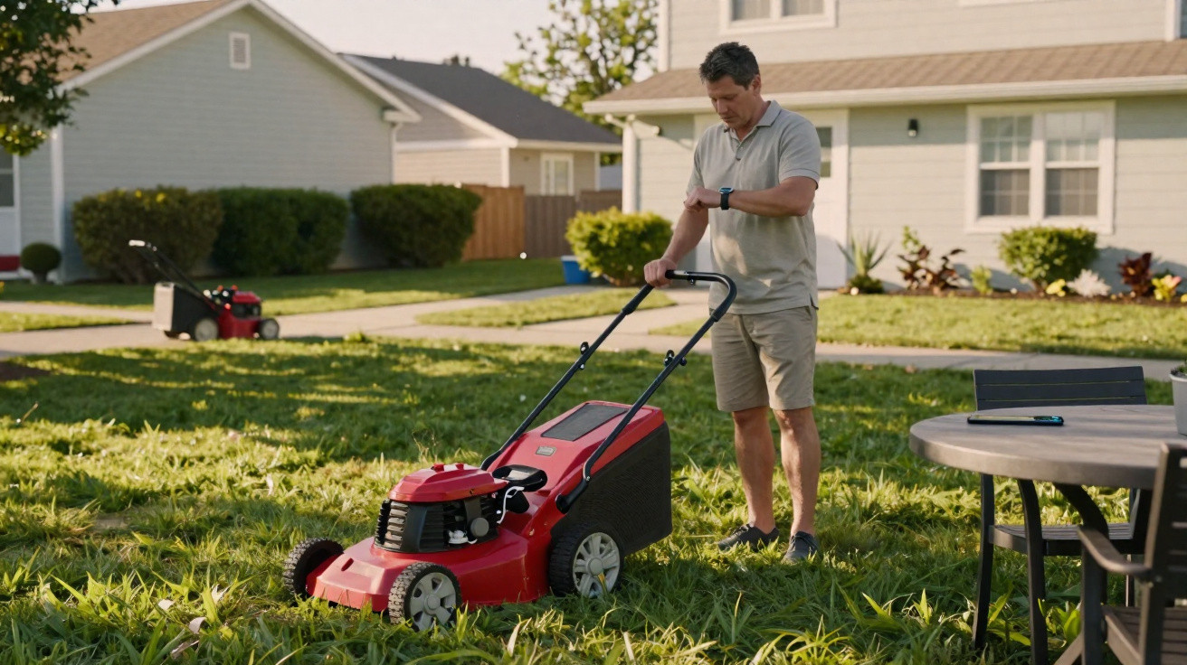Man in shorts checking smartwatch while standing with a red lawnmower on an overgrown lawn in suburban garden.