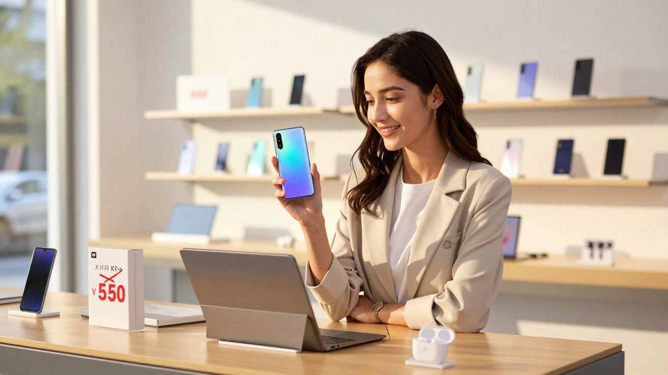 Woman in a blazer holding a smartphone and smiling at a laptop in a bright electronics store.