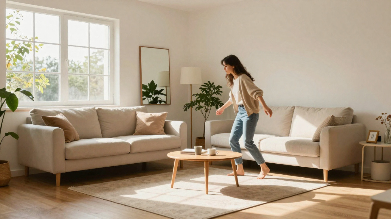 Woman balancing on one foot in a sunlit living room with beige sofas, wooden table, plants, and cushions.