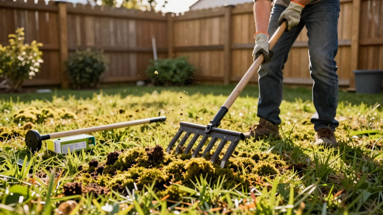 Person using garden rake to remove moss from grass in a sunlit backyard surrounded by a wooden fence.