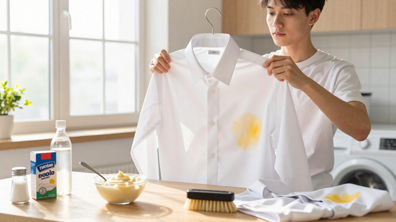 Person holding a white shirt with a yellow stain in a bright kitchen with cleaning supplies on the table.