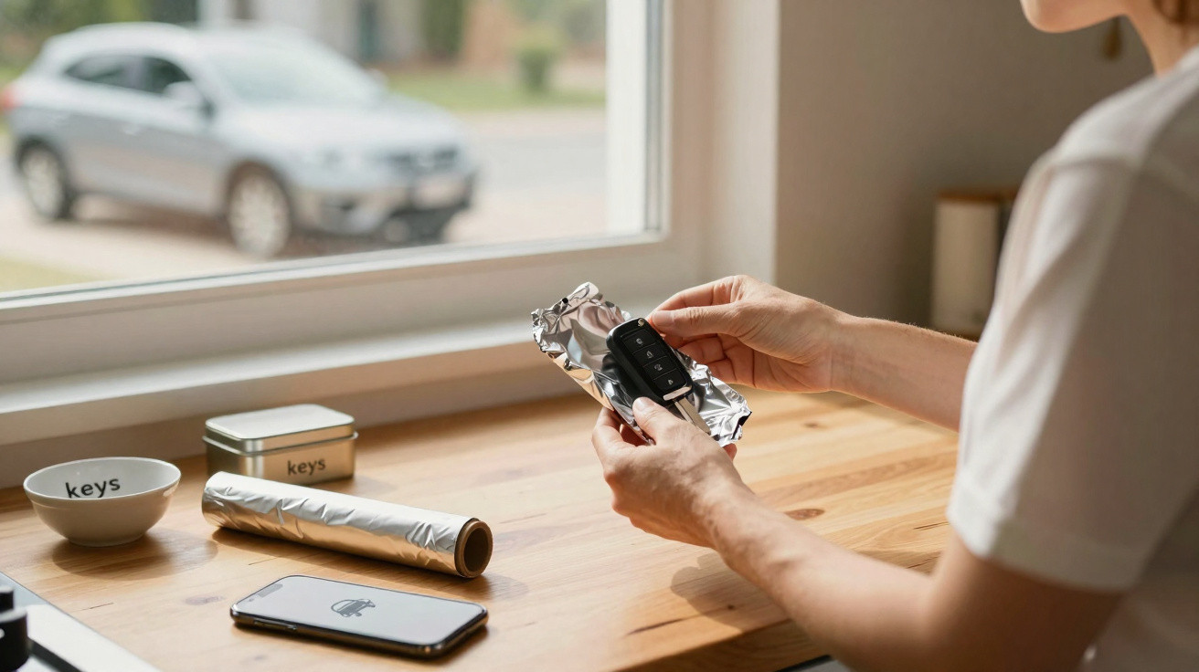 Person wrapping a car key in aluminium foil on a wooden table near a window with a blurred car outside.