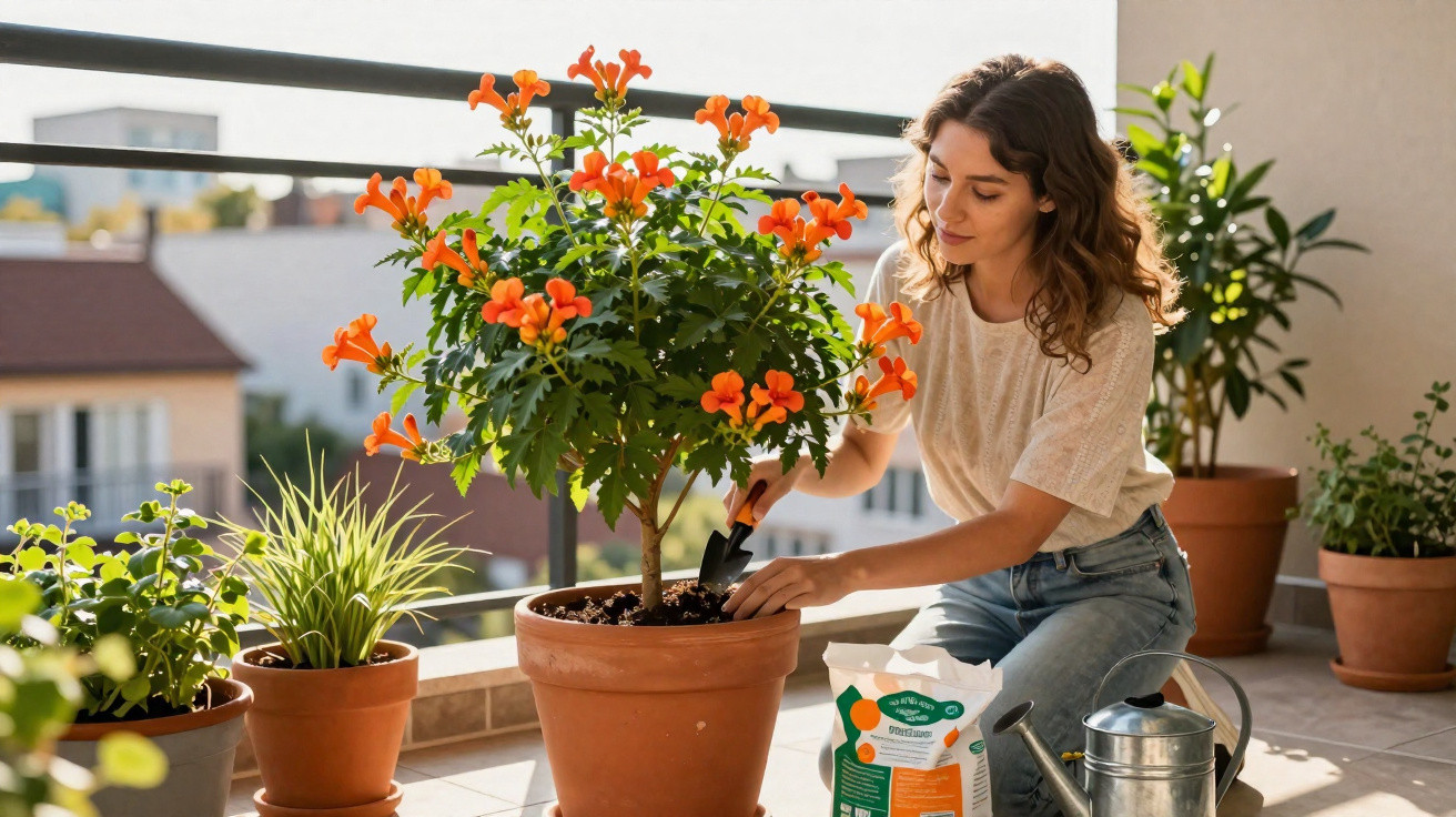 Young woman gardening on balcony, tending to large orange flowering plant in terracotta pot on sunny day.