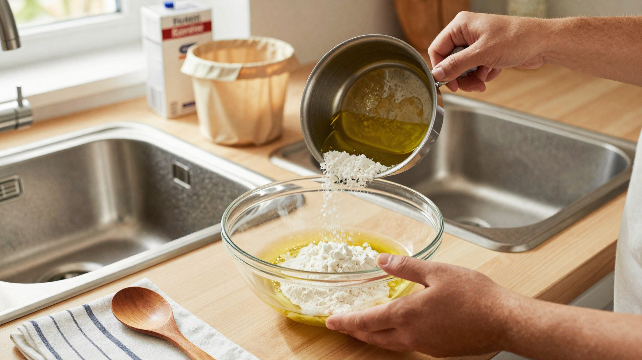 Hands pouring oil and flour into a glass bowl on a wooden kitchen counter near a sink and wooden spoon.