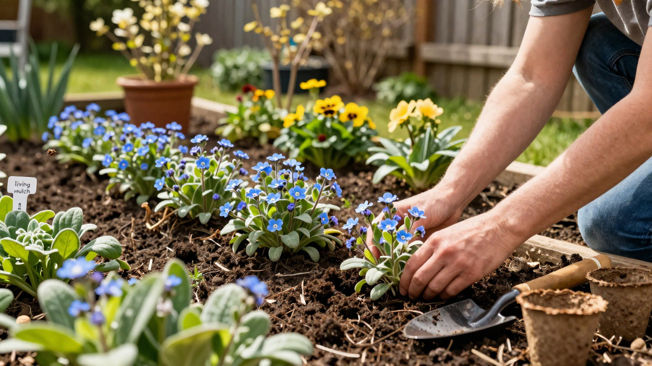 Person planting blue and yellow flowers in a garden bed with gardening tools nearby on a sunny day.