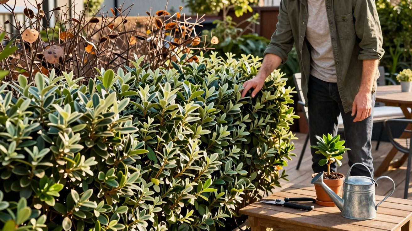 Person tending to a green hedge on a sunlit garden patio with watering can and pruning shears on a wooden table.