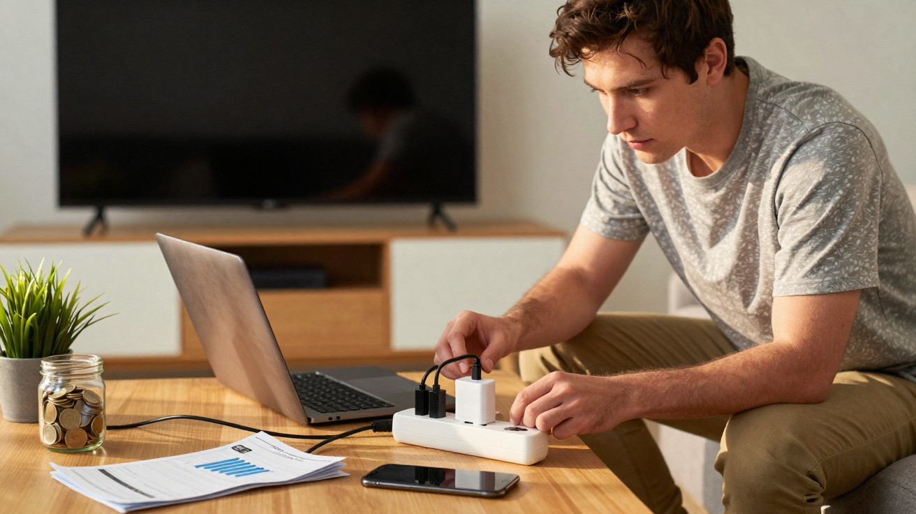 Man plugging multiple chargers into a power strip on a table with a laptop and smartphone nearby.