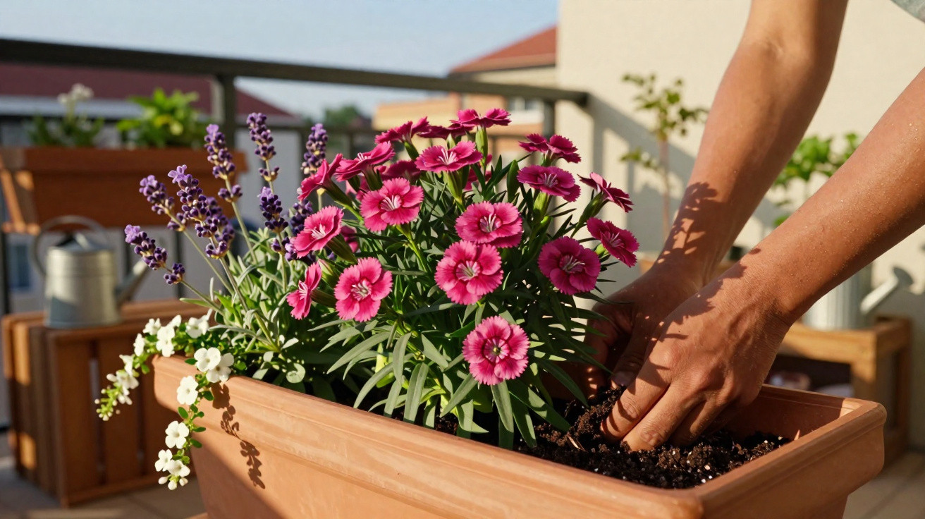 Person planting pink and purple flowers in a rectangular terracotta planter on a sunny balcony.
