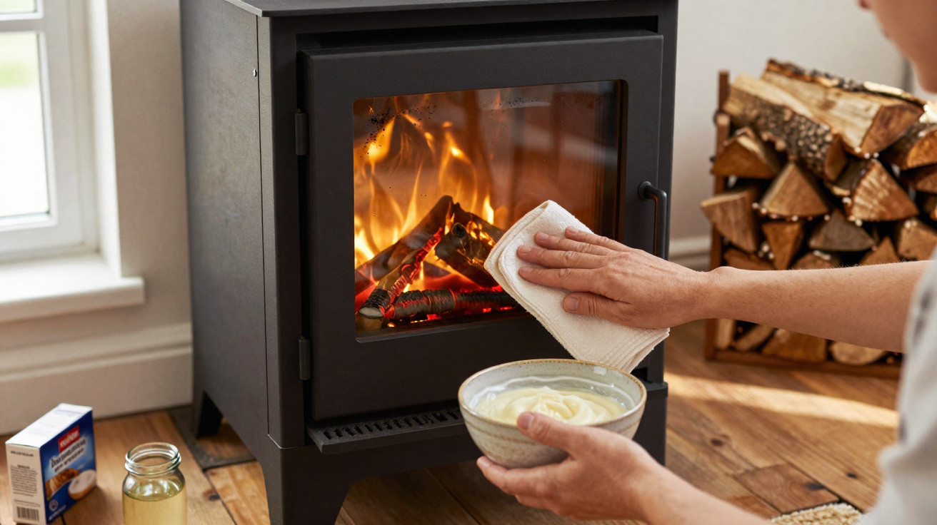 Person cleaning the glass of a burning wood stove with a cloth, holding a bowl in a cozy room with firewood.