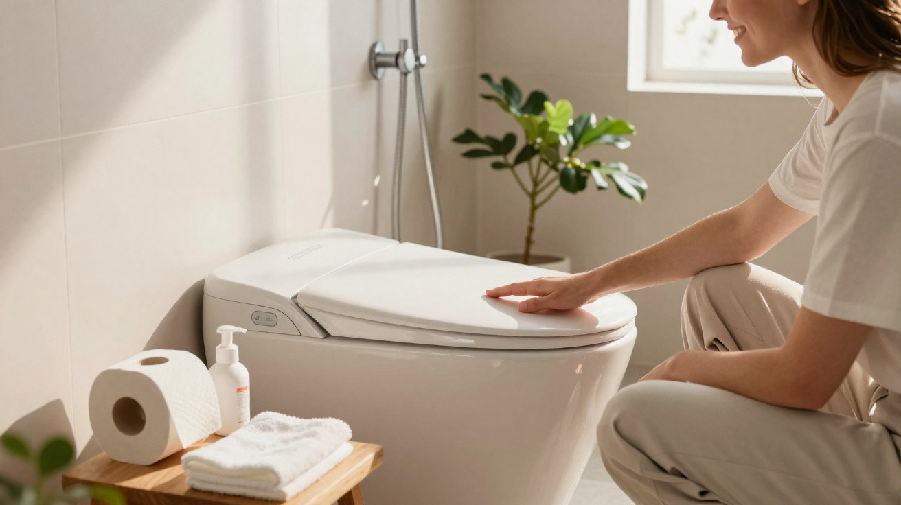Person touching the lid of a modern smart toilet in a bright, clean bathroom with plant and toiletries nearby.