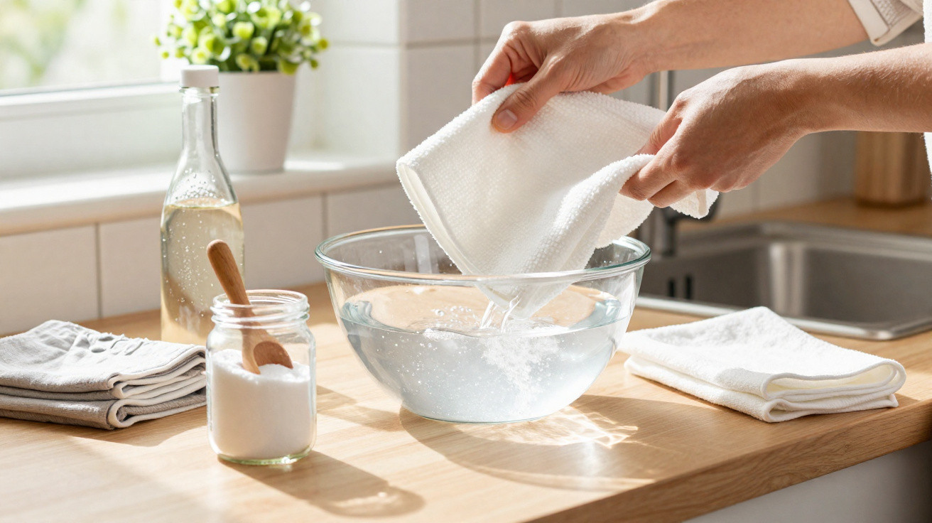 Hands wringing out a white cloth over a glass bowl of water on a wooden kitchen counter.