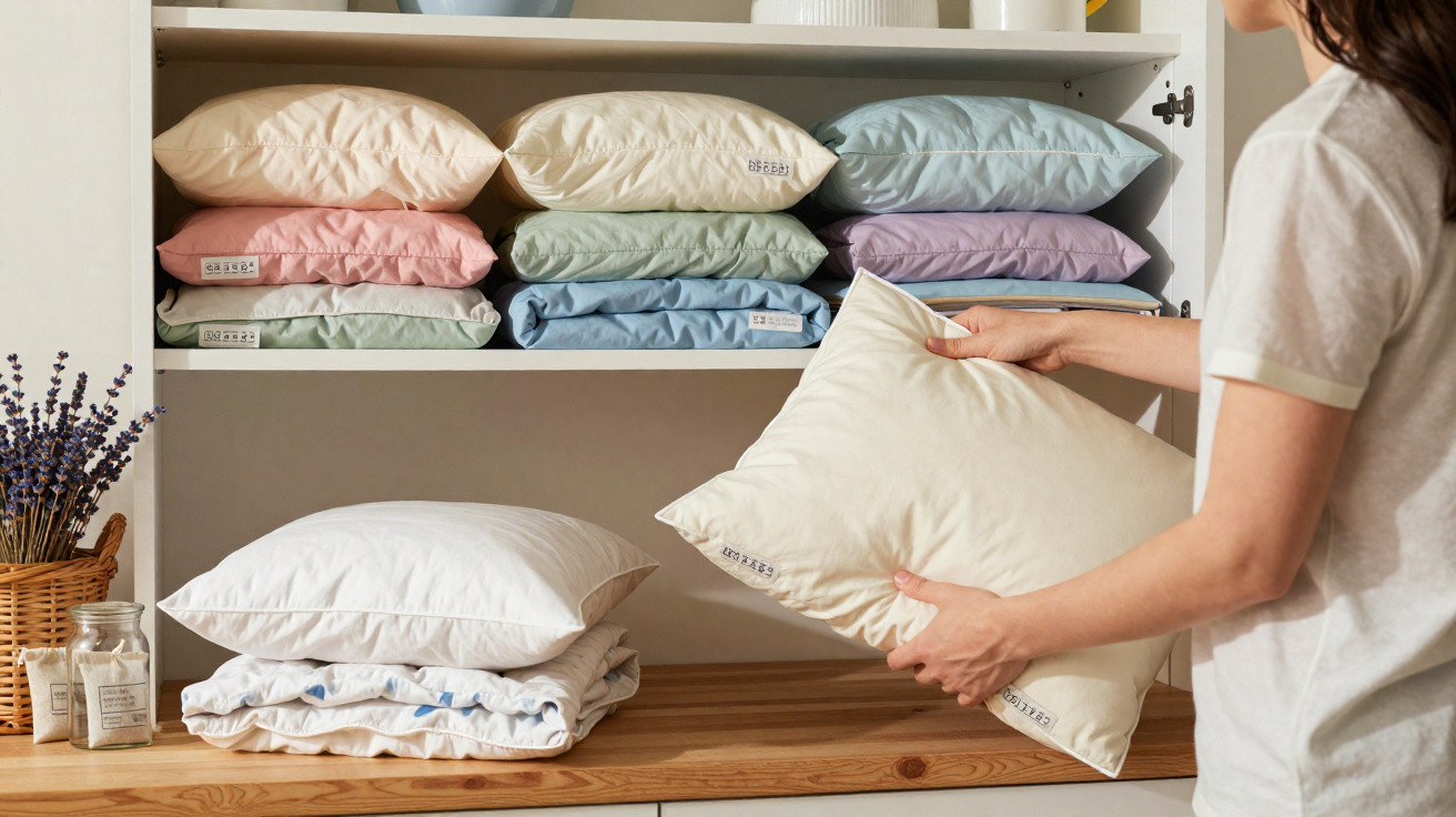 Person holding a cream pillow with neatly stacked pastel-coloured pillows and linens on shelves.