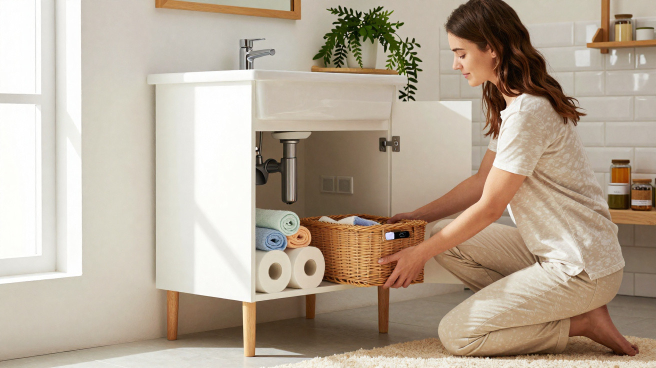 Woman kneeling to organise a wicker basket under a white bathroom sink with rolled towels and toilet paper nearby