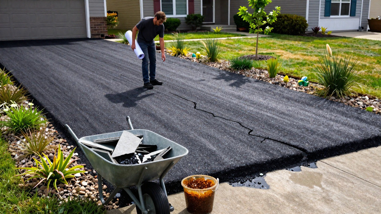Man inspecting a freshly paved asphalt driveway with a wheelbarrow and tools nearby in a residential neighbourhood.