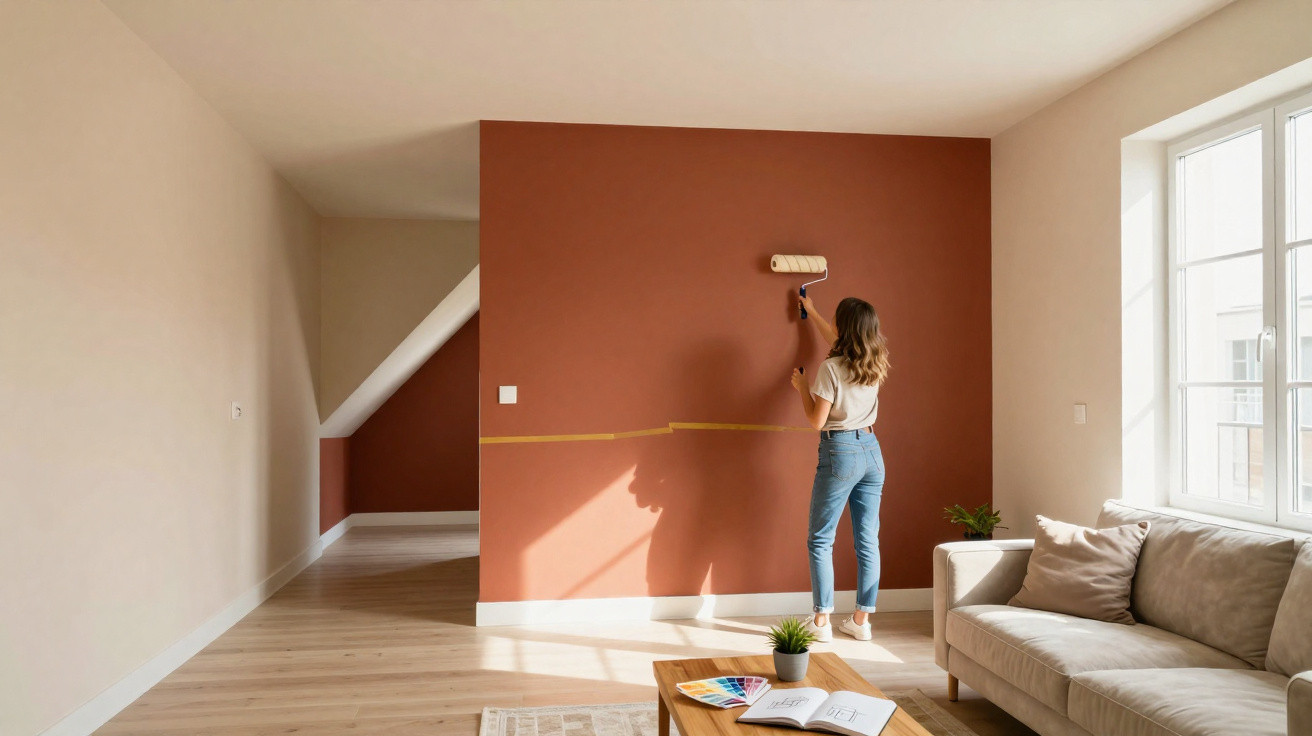 Woman painting a terracotta feature wall in a bright, modern living room with sofa and coffee table.