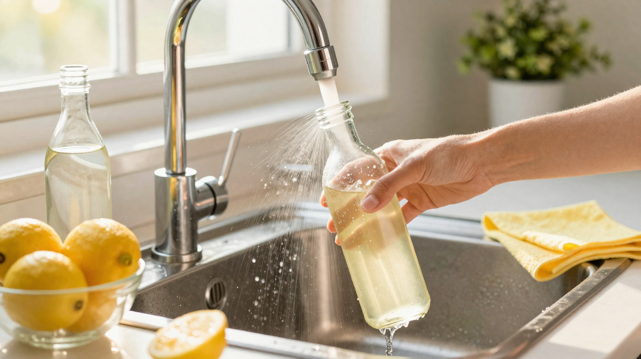 Hand filling a glass bottle with water at a kitchen sink by a window with lemons nearby.