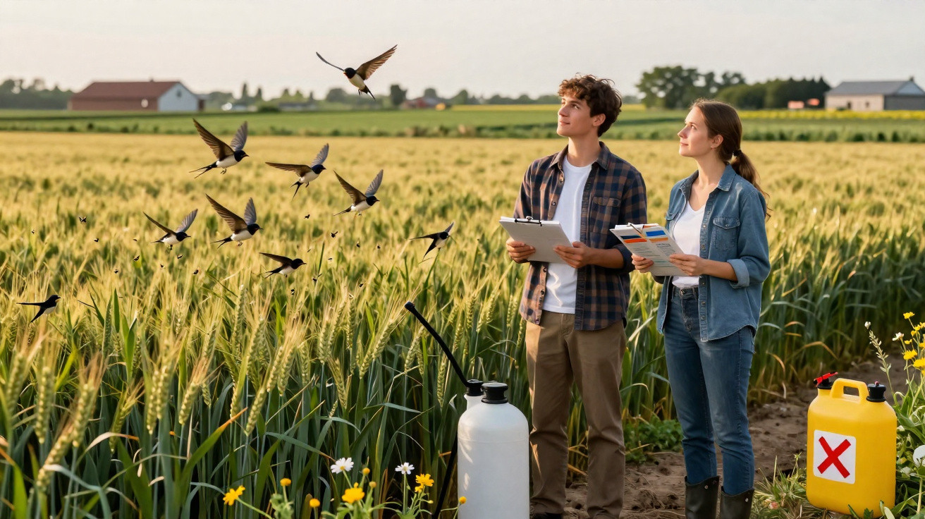 Two farmers holding documents observe birds flying over a wheat field with crop spraying equipment nearby.