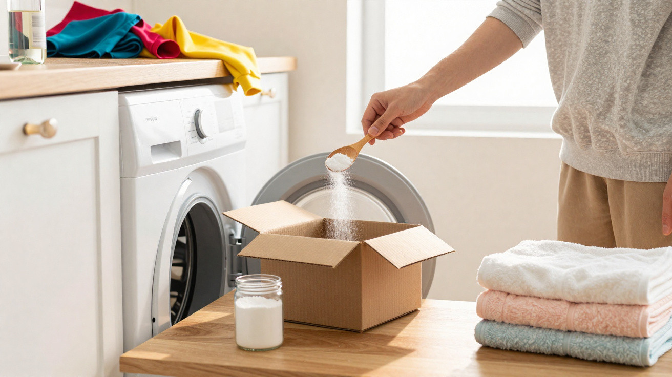 Person scooping laundry detergent from a box near a washing machine with folded towels on a wooden table.
