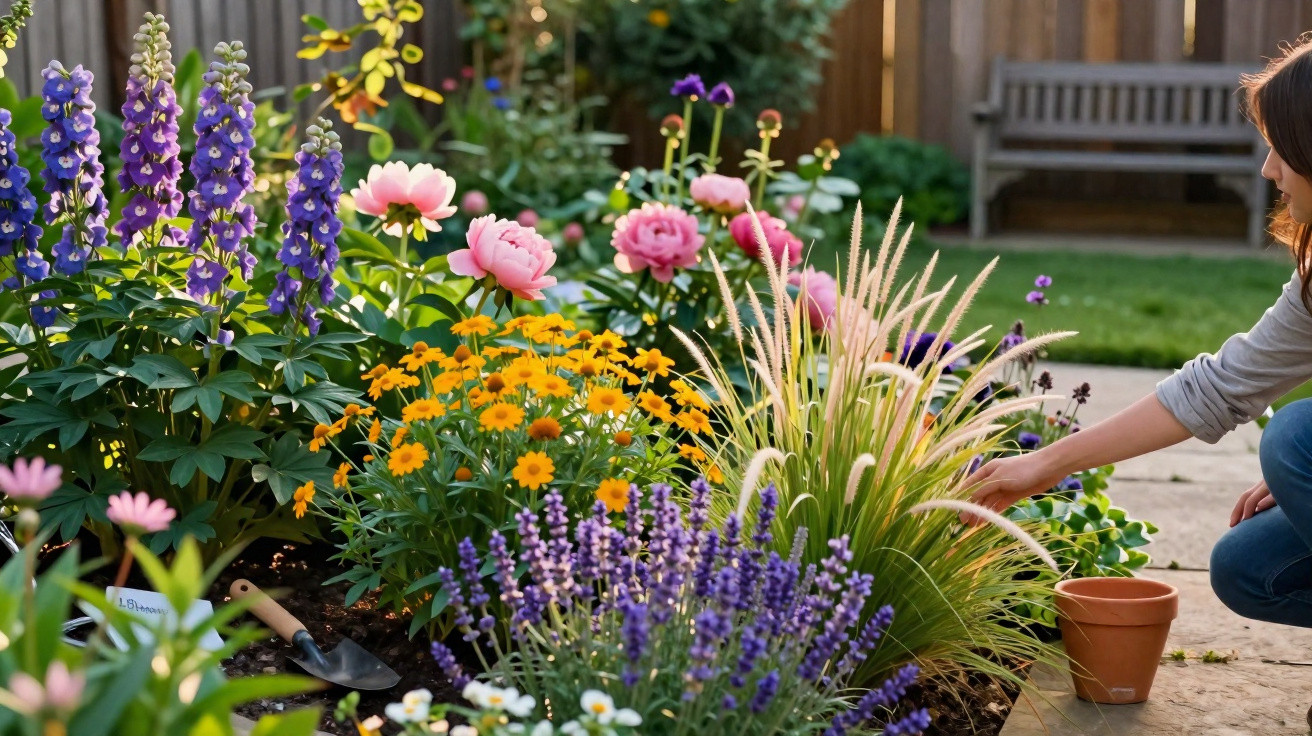 Person gardening colourful flowers including purple, pink, orange, and white blooms in a backyard garden.