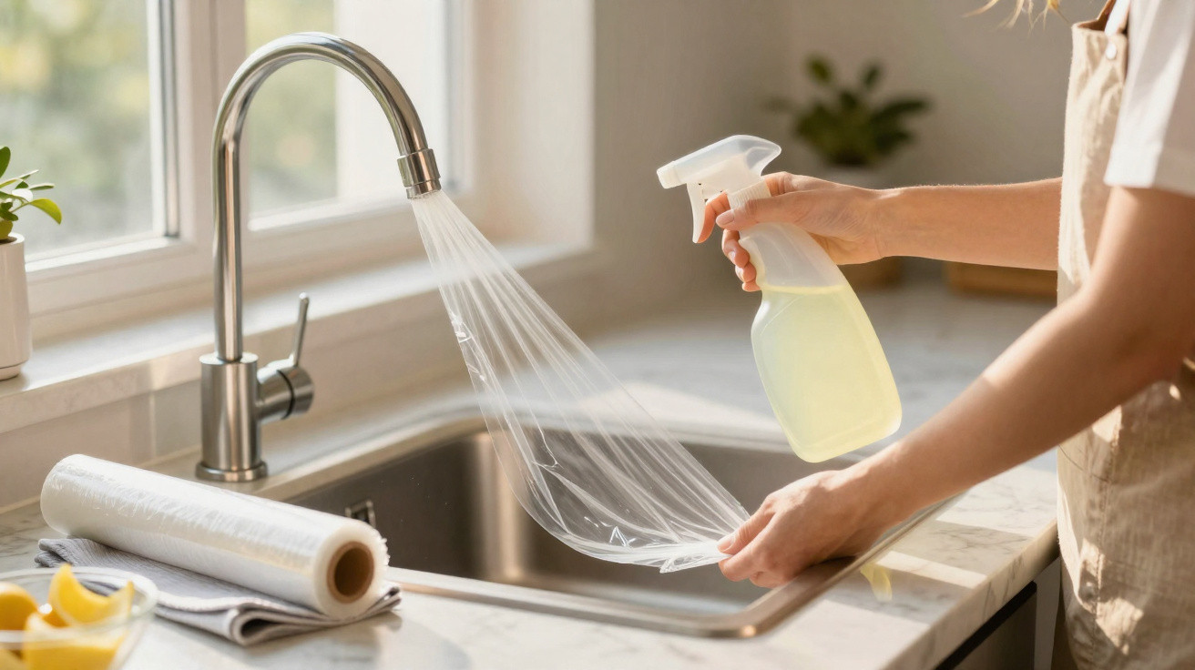 Person spraying clear plastic wrap over a kitchen sink with running water from a modern faucet.