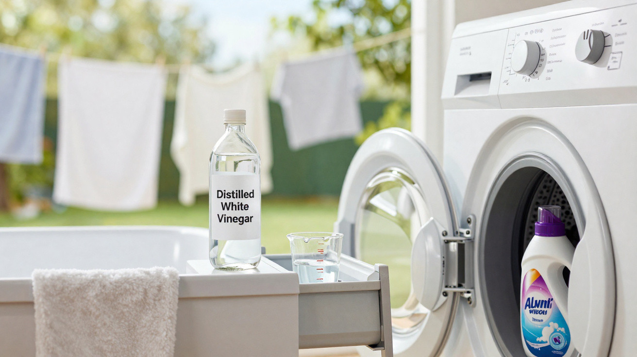 Bottle of distilled white vinegar, measuring cup, and laundry detergent near open washing machine in bright laundry room.