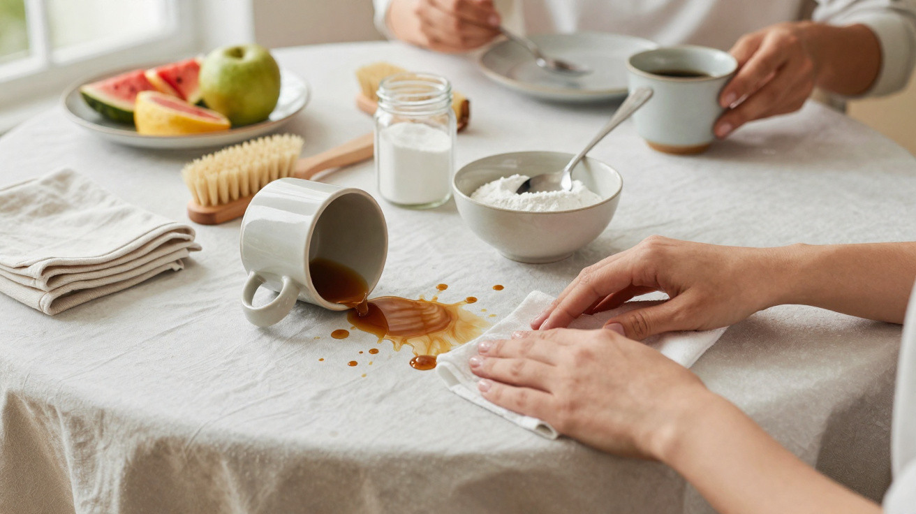 Hands wiping spilled coffee from a tablecloth next to a tipped coffee cup on a dining table.
