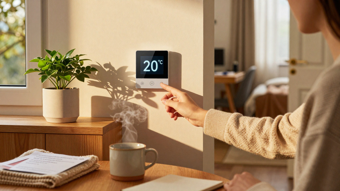 Person adjusting a wall thermostat set to 20°C in a cosy room with a steaming mug and a potted plant.