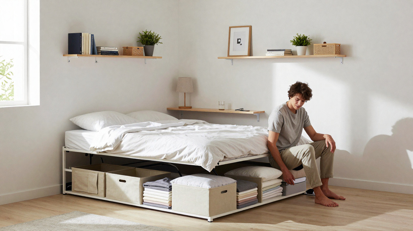 Person sitting on edge of modern bed with underframe storage boxes and shelves on white walls in bright bedroom