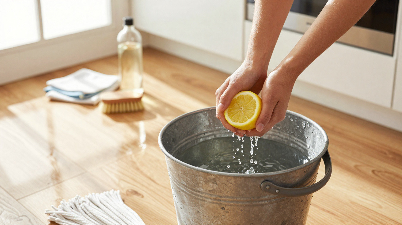 Hands squeezing a lemon over a metal bucket filled with water on a wooden floor with cleaning supplies nearby