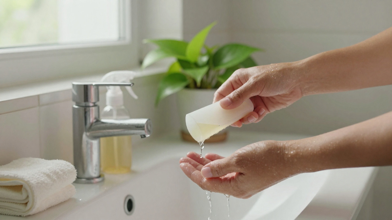 Person pouring liquid soap from a bottle onto hands over a bathroom sink with a plant in the background.