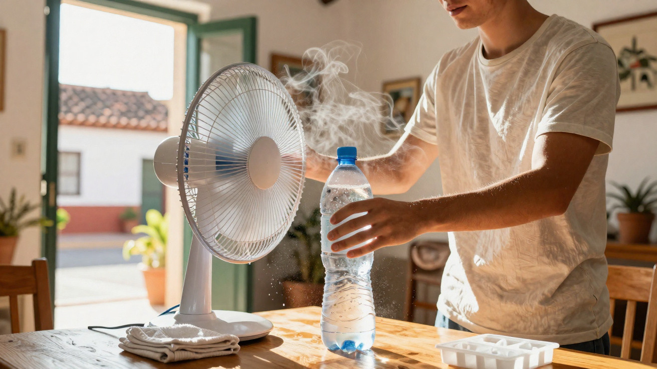 Person cooling a plastic water bottle with steam in front of a running electric fan in a sunlit room