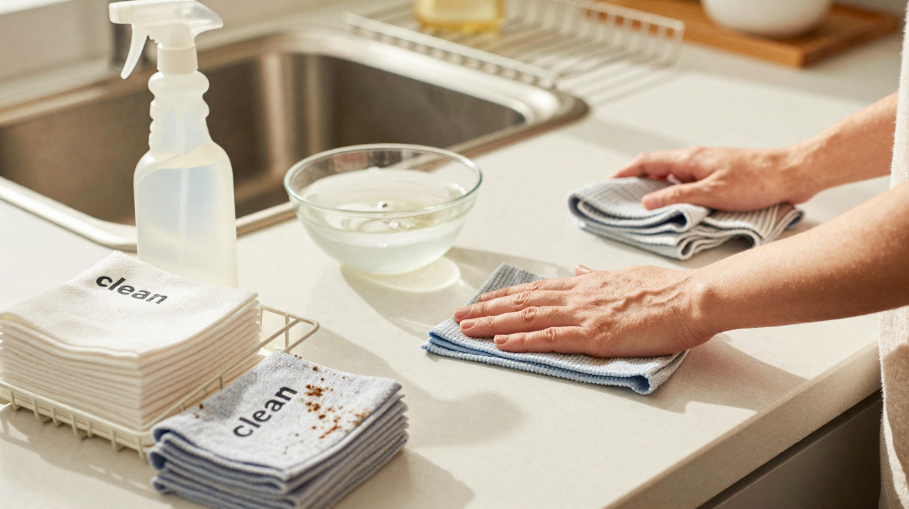 Hands wiping a kitchen countertop with a cloth, next to a spray bottle and folded clean cloths by the sink.