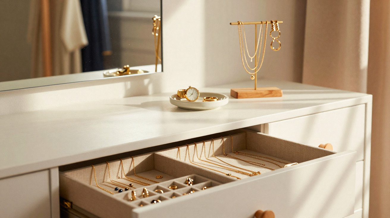 Open drawer of beige jewellery organiser with gold necklaces, rings, and earrings on a white dressing table.