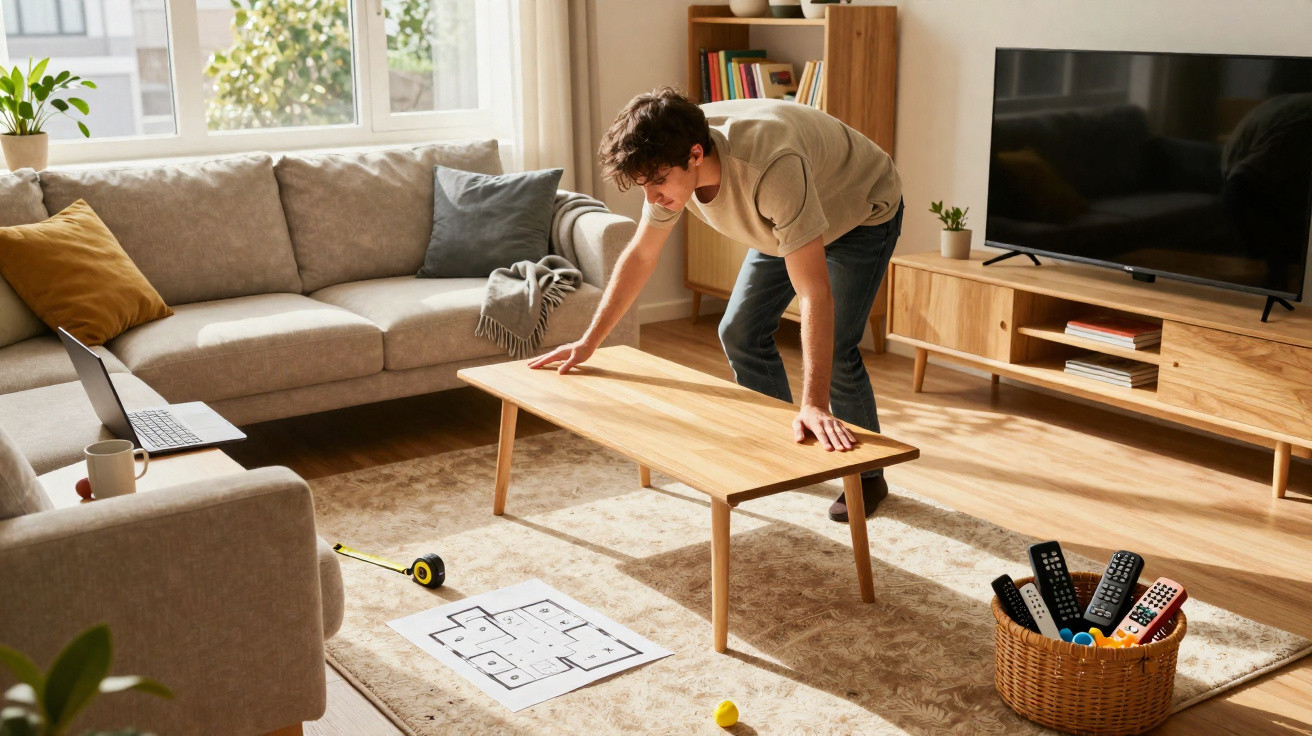 Man assembling a wooden coffee table in a bright, modern living room with tools and instructions on the floor.
