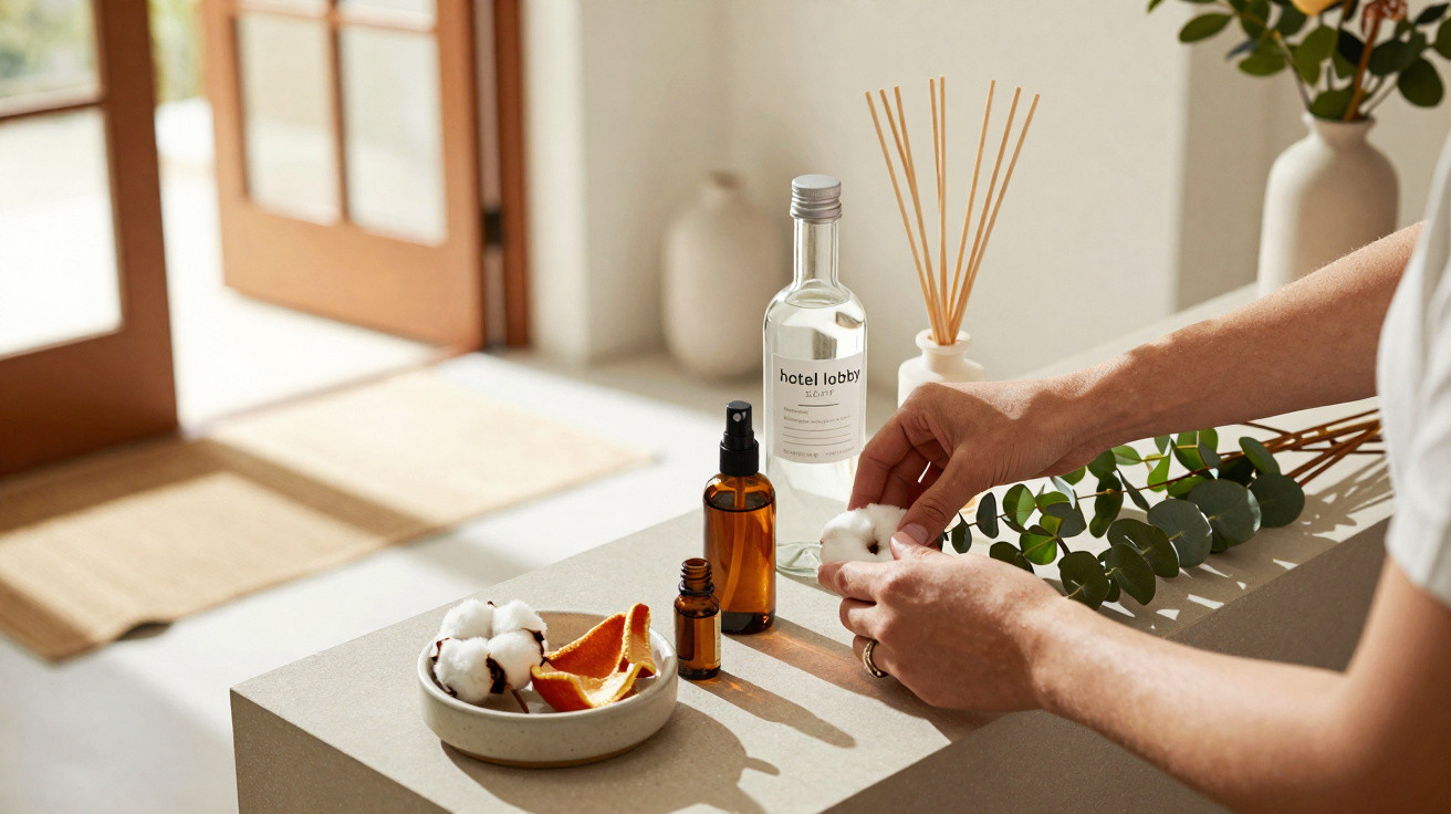 Person holding cotton ball near amber bottles and a reed diffuser on a beige table in sunlight.