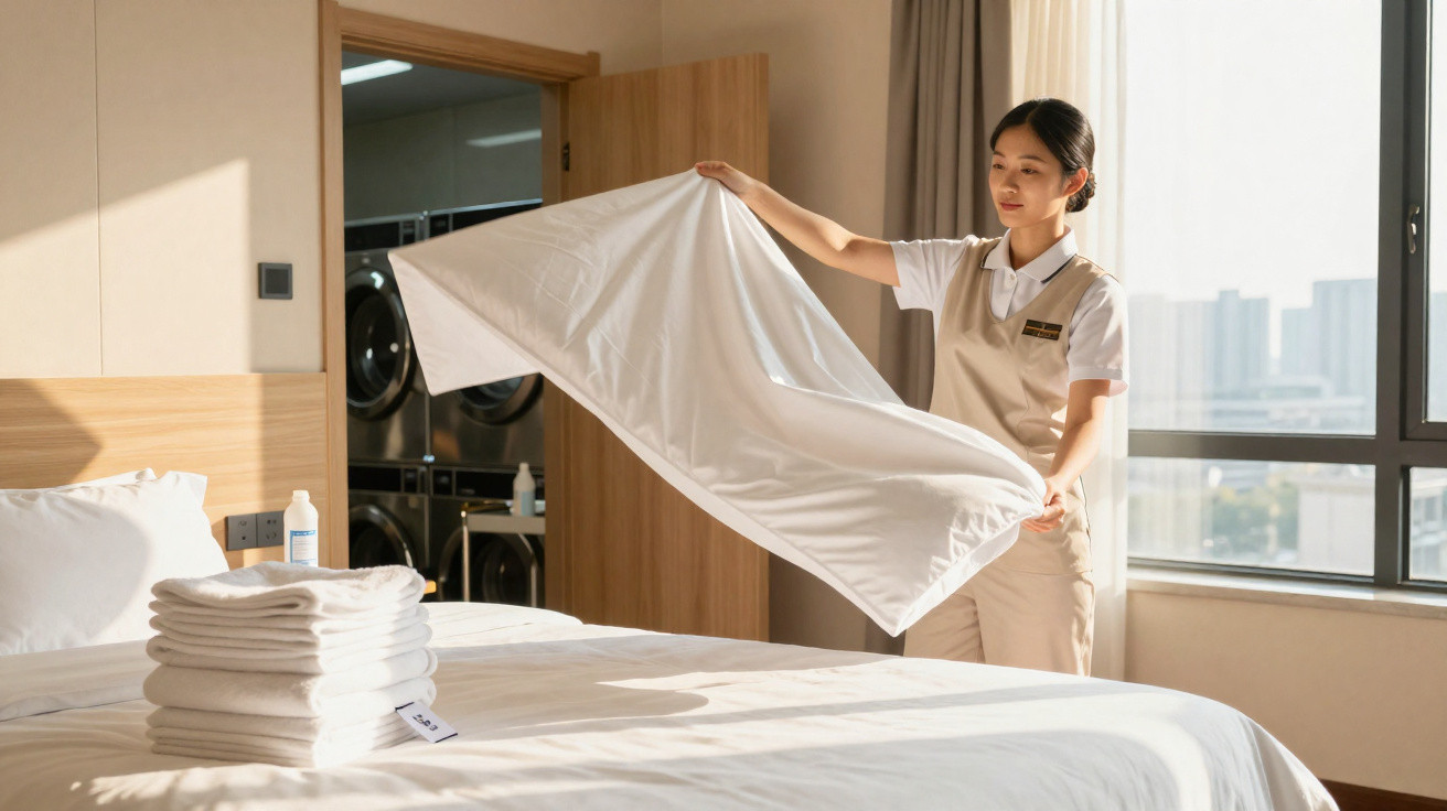 Hotel housekeeper spreading a white bedsheet over a bed in a sunlit room with laundry machines nearby.