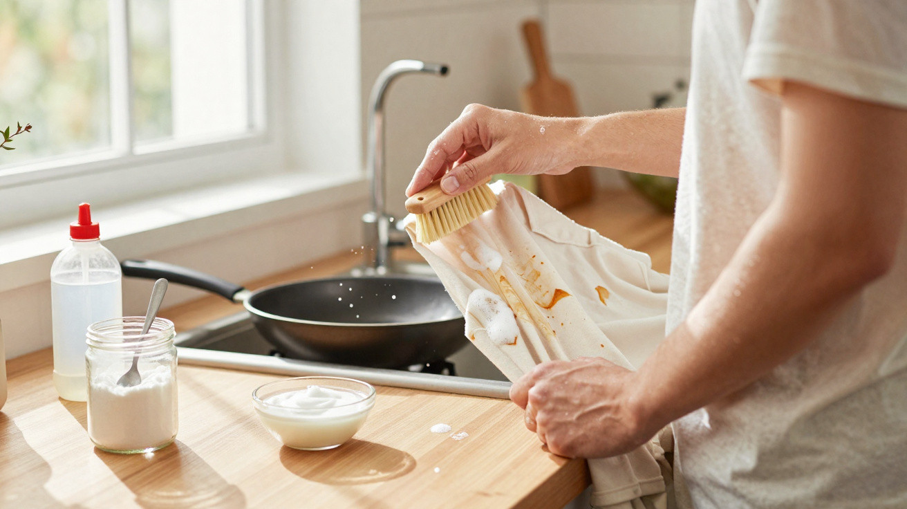Person scrubbing a stained white shirt with a brush in a bright kitchen near a sink and cooking pan.