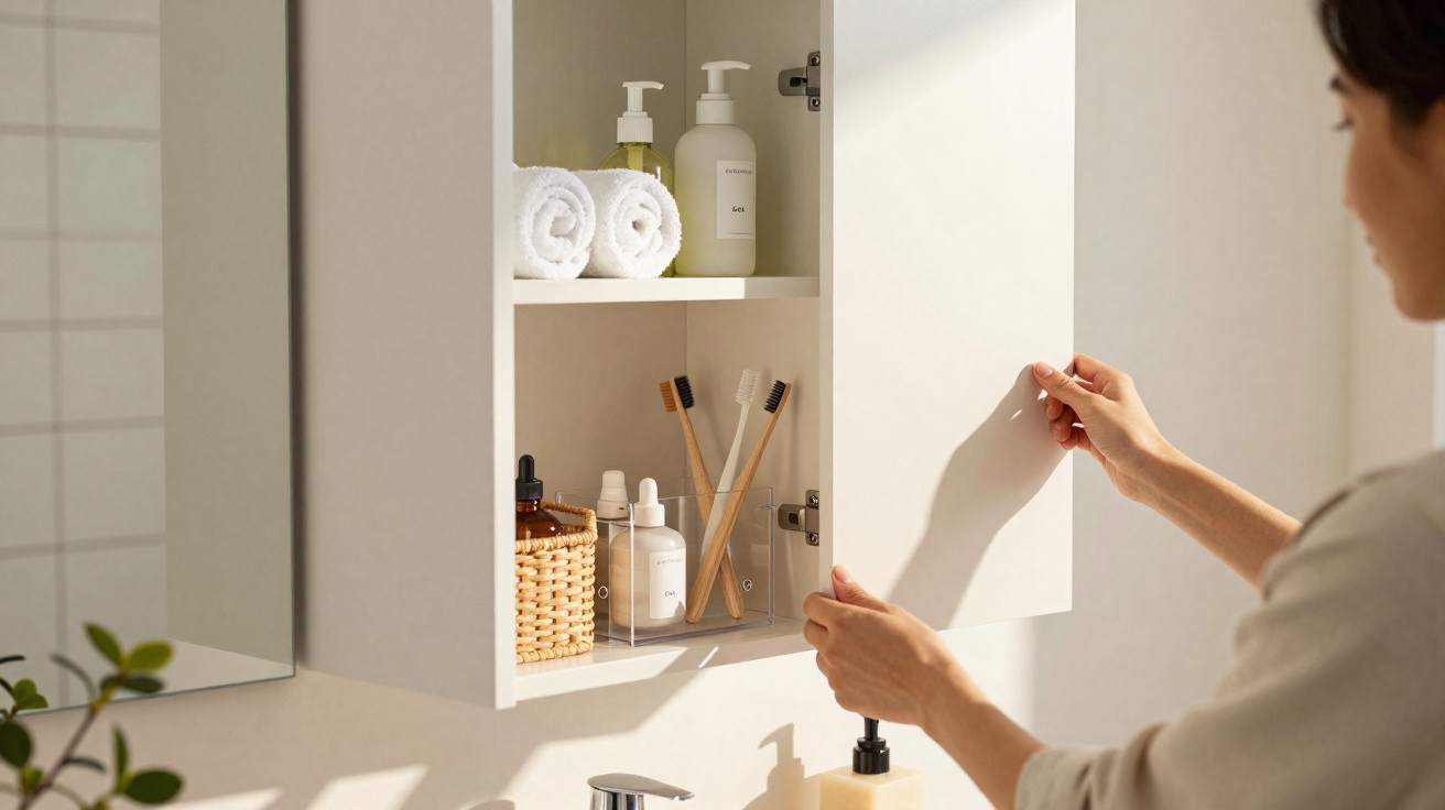 Person opening a bathroom cabinet with rolled towels, toothbrushes, and toiletries inside.
