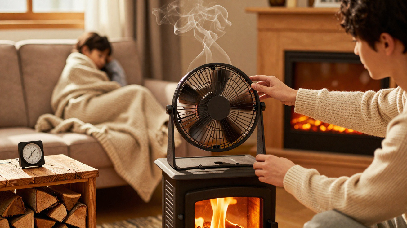 Person adjusting a fan on a wood-burning stove with another person wrapped in a blanket on a sofa nearby.