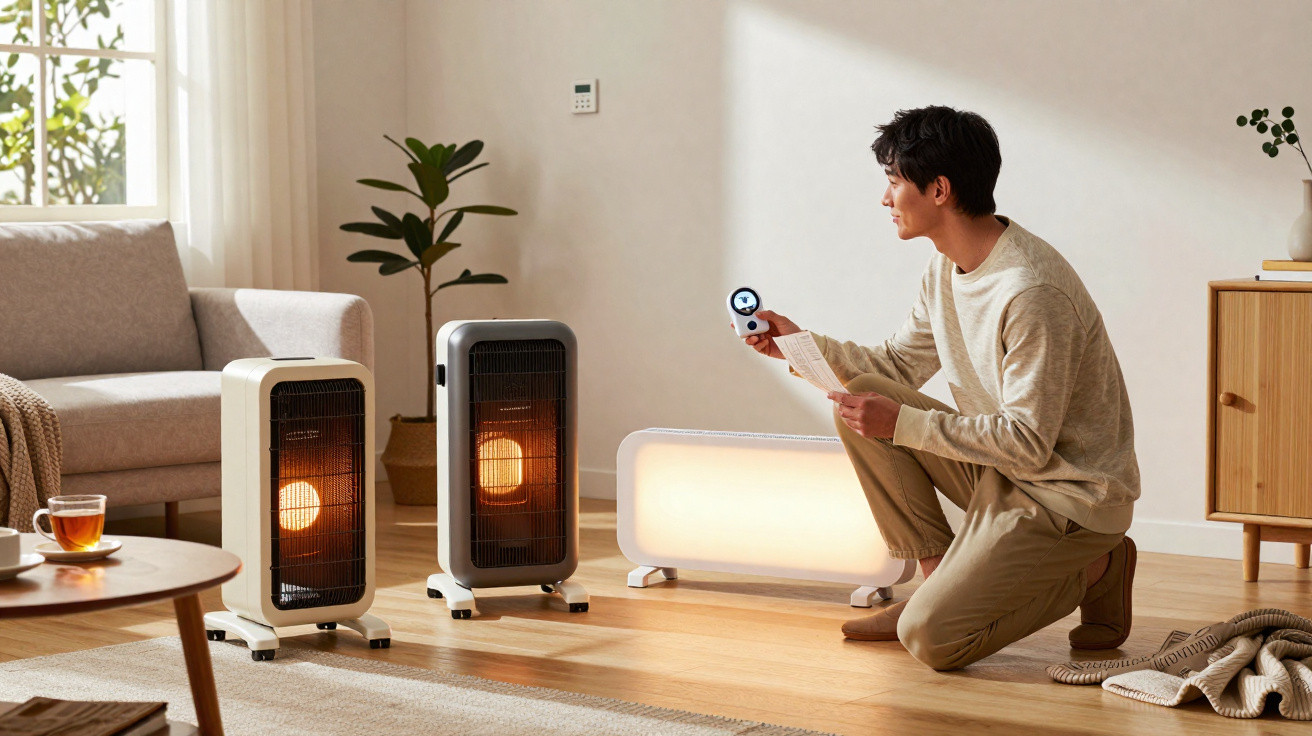 Man adjusting settings on three different electric heaters in a warmly lit living room.