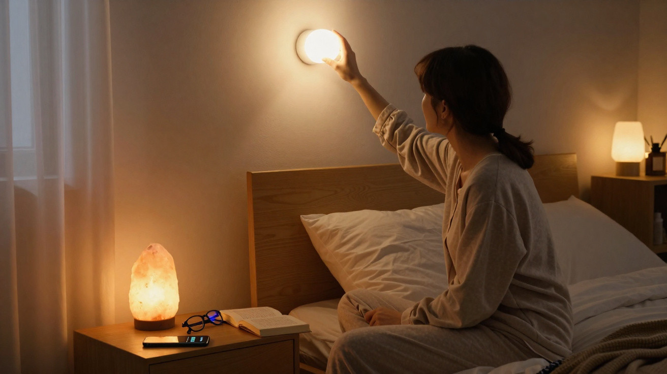 Woman adjusting a wall light in a dimly lit bedroom while sitting on a bed in pajamas.